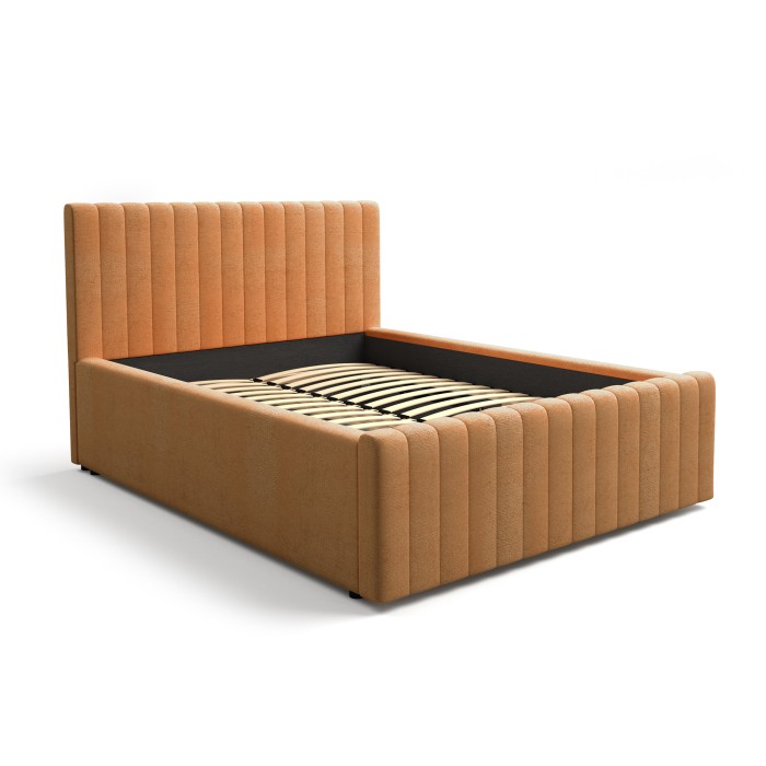 Lit ELORIA 140x200 camel bouclé avec tête de lit capitonnée et sommier inclus