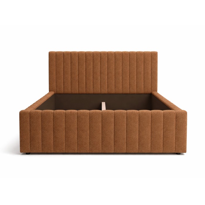 Lit double ELORIA 160x200 camel bouclé avec tête de lit capitonnée