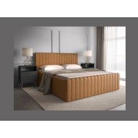 Lit double ELORIA 160x200 camel bouclé avec tête de lit capitonnée
