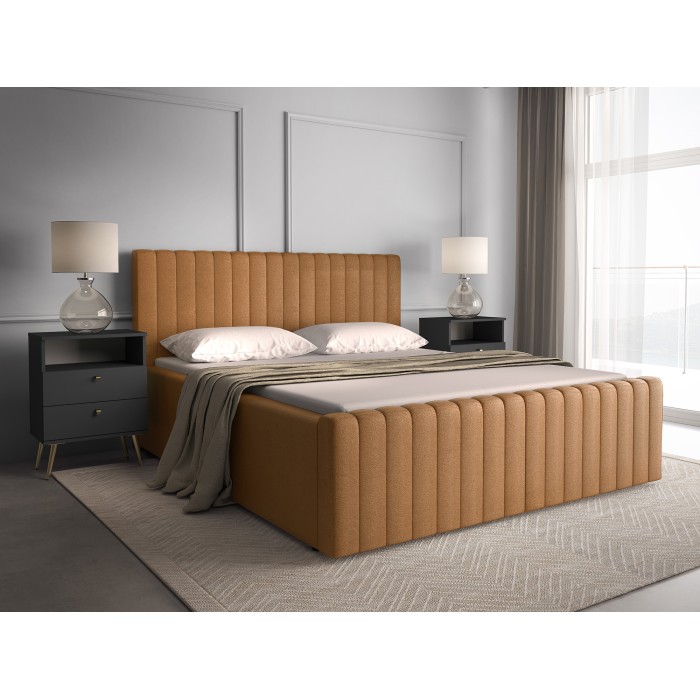 Lit ELORIA 160x200 camel bouclé avec tête de lit capitonnée et sommier inclus