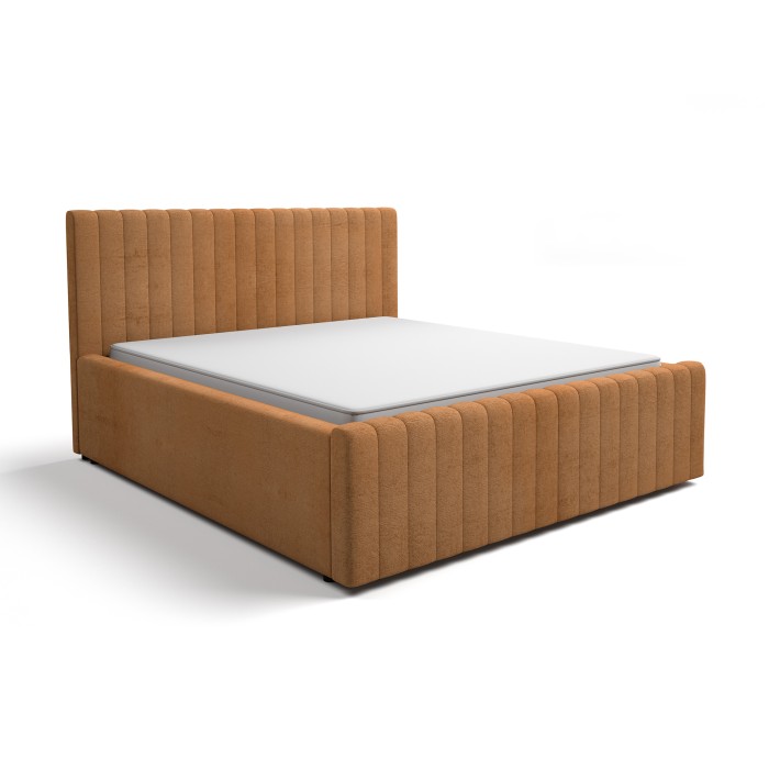 Lit ELORIA 180x200 cm camel bouclé avec tête de lit capitonnée et sommier inclus