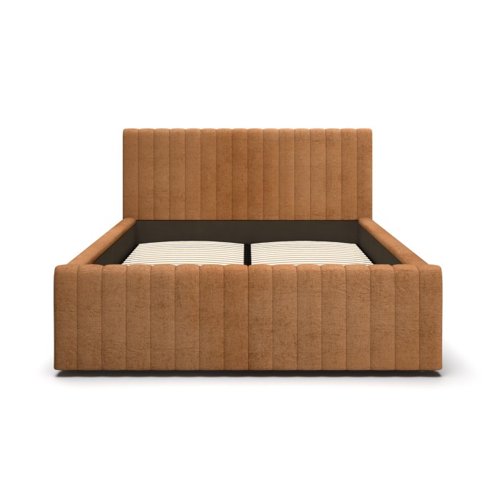 Lit ELORIA 180x200 cm camel bouclé avec tête de lit capitonnée et sommier inclus
