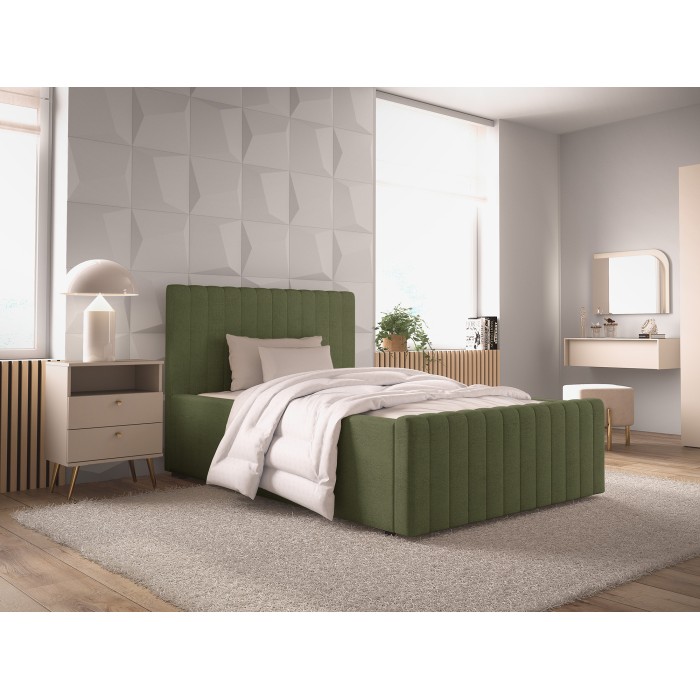 Bed ELORIA 120x200 cm kakigroen bouclé met gestoffeerd hoofdeinde