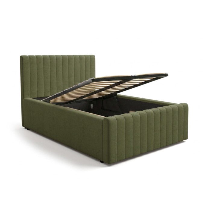 Cama con arcón ELORIA 120x200 cm verde caqui bouclé con somier elevable