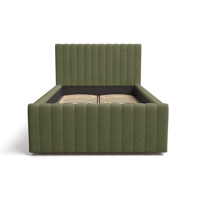 Cama con arcón ELORIA 120x200 cm verde caqui bouclé con somier elevable