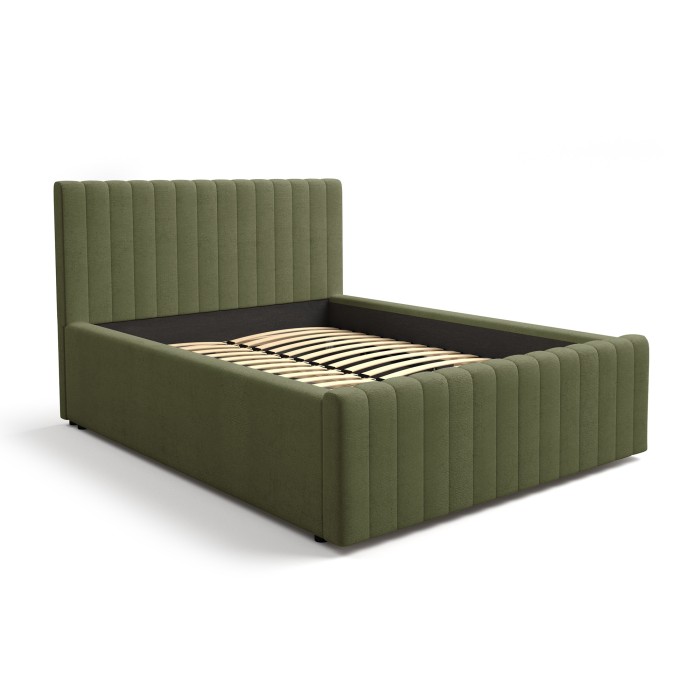 Lit double ELORIA 140x200 cm vert kaki bouclé avec tête de lit capitonnée