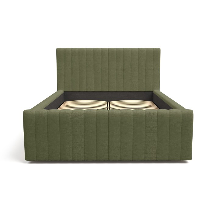 Lit double ELORIA 140x200 cm vert kaki bouclé avec tête de lit capitonnée