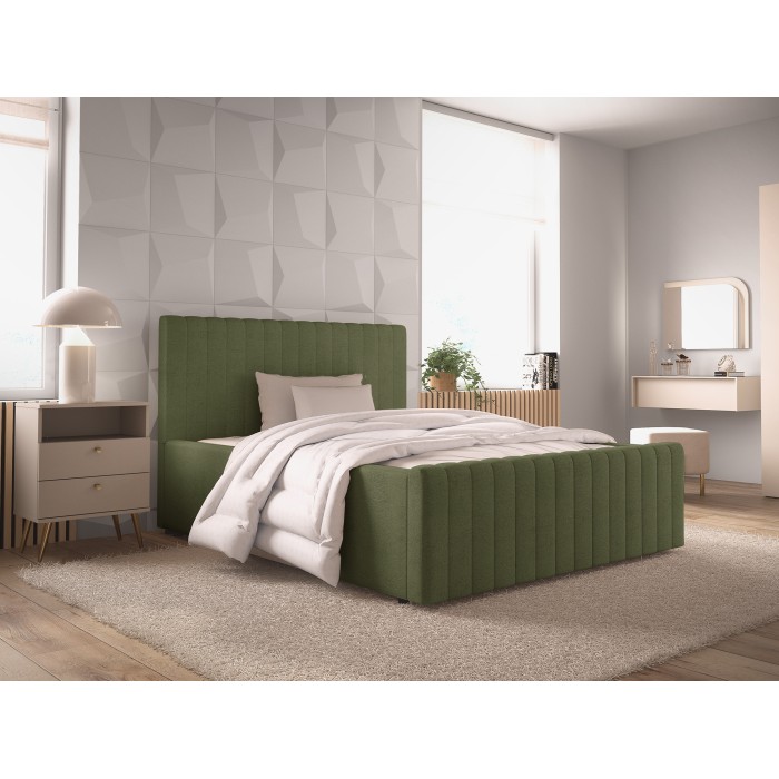 Lit ELORIA 140x200 cm vert kaki bouclé avec tête de lit capitonnée et sommier inclus