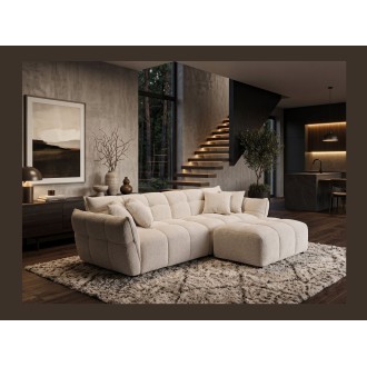 Canapé droit MOONI beige clair vu avec le pouf de la même collection