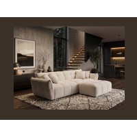 Canapé droit MOONI beige clair vu avec le pouf de la même collection