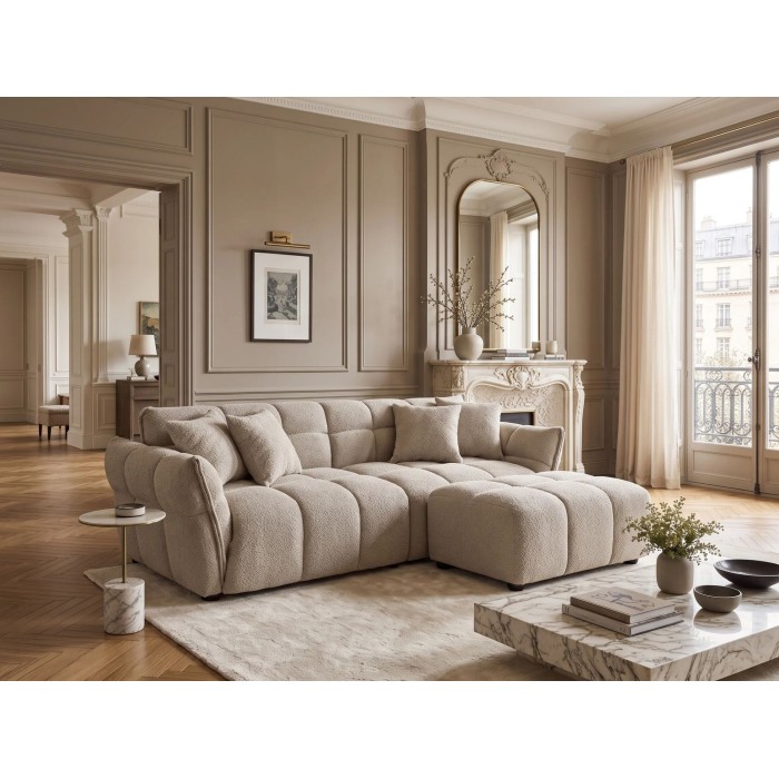 Canapé droit MOONI beige champagne vu avec un pouf