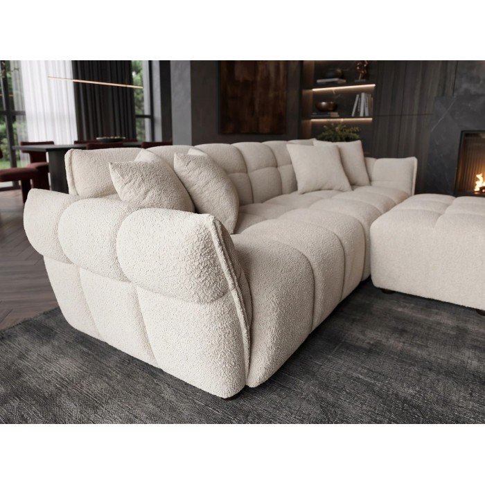 Canapé droit MOONI beige champagne avec un pouf vu de côté