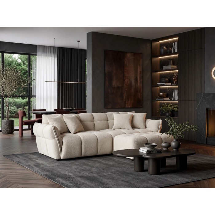 Canapé droit MOONI beige champagne vu avec un pouf de la même collection