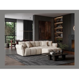 Canapé droit MOONI beige champagne vu avec un pouf de la même collection