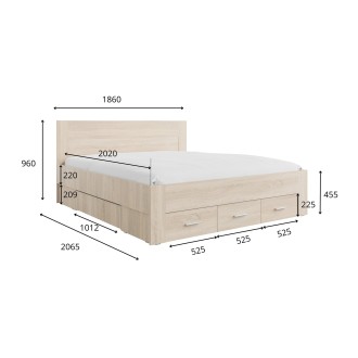 Cama adulto FJORD 180x200cm roble claro con 5 cajones sin somier