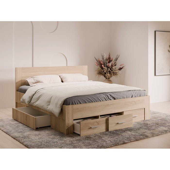 Cama adulto FJORD 180x200cm roble claro con 5 cajones y somier
