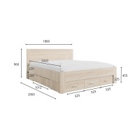 Cama adulto FJORD 180x200cm roble claro con 5 cajones y somier