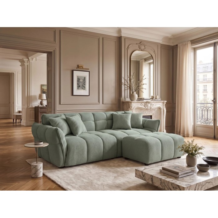 Canapé droit MOONI vert sauge vu avec un pouf de la même collection