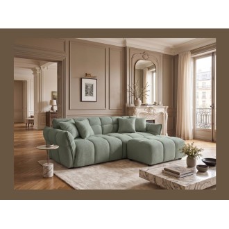 Canapé droit MOONI vert sauge vu avec un pouf de la même collection