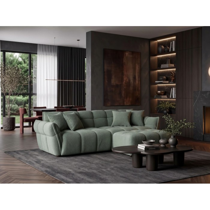 Canapé droit MOONI vert sauge vu avec un pouf