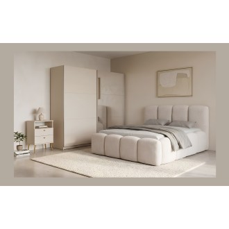 Lit 160x200 cm NUVOLA en tissu bouclé écru avec tête de lit – Sans sommier