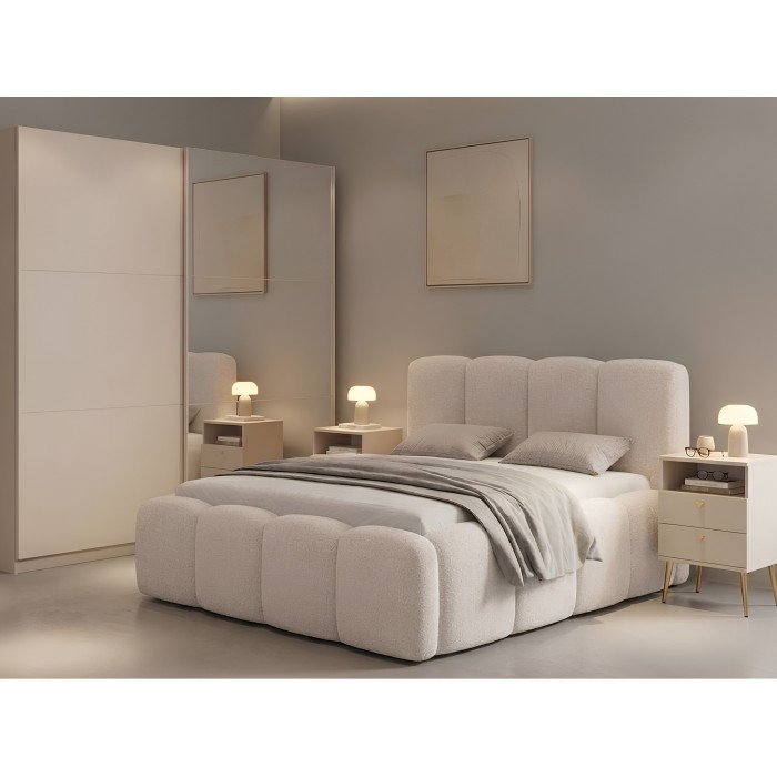 Lit 160x200 cm NUVOLA en tissu bouclé écru avec tête de lit – Sans sommier