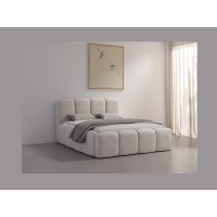 Lit 160x200 cm NUVOLA en tissu bouclé écru avec tête de lit et sommier inclus