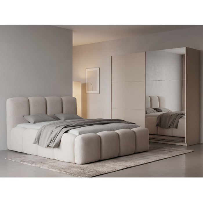 Lit 160x200 cm NUVOLA en tissu bouclé écru avec tête de lit et sommier inclus