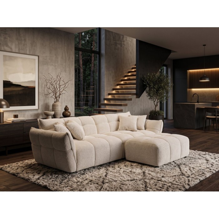Pouf MOONI beige clair vu avec le canapé de la même collection