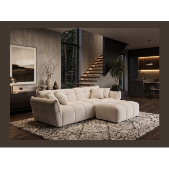 Pouf MOONI beige clair vu avec le canapé de la même collection
