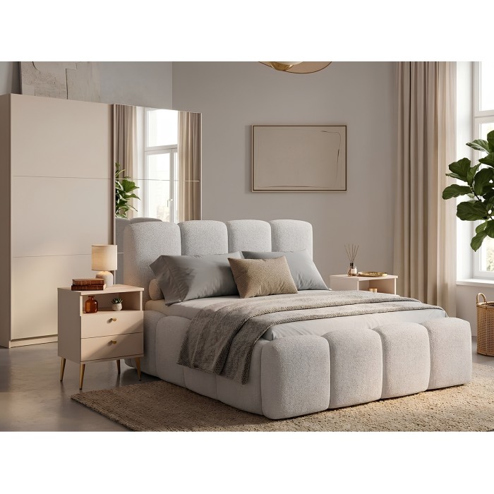 Lit 180x200 cm NUVOLA en tissu bouclé écru avec tête de lit – Sans sommier