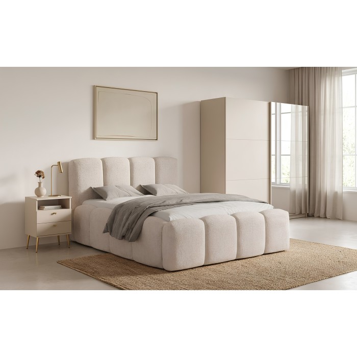 Lit 180x200 cm NUVOLA en tissu bouclé écru avec tête de lit – Sans sommier