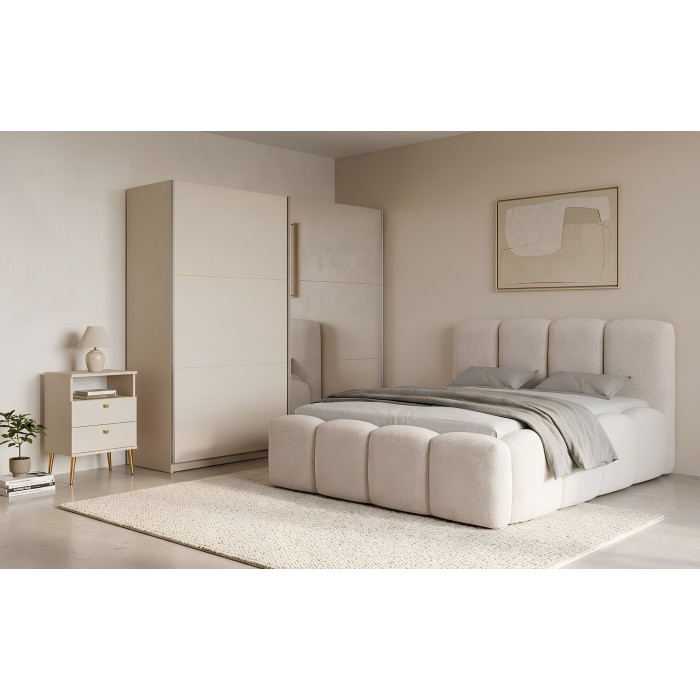 Lit 180x200 cm NUVOLA en tissu bouclé écru avec tête de lit – Sans sommier