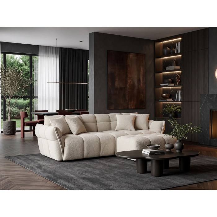 Pouf MOONI beige champagne vu avec le canapé de la même collection