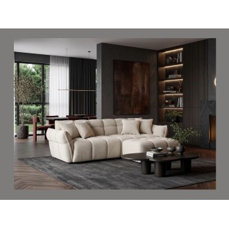 Pouf MOONI beige champagne vu avec le canapé de la même collection