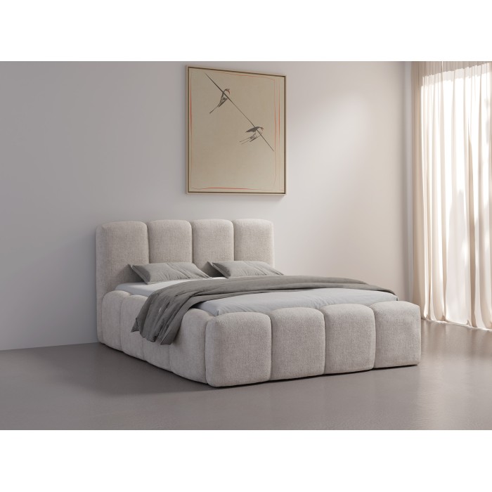 Lit 180x200 cm NUVOLA en tissu bouclé écru avec tête de lit et sommier inclus