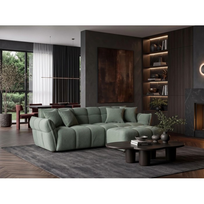 Pouf MOONI vert sauge vu avec le canapé de la même collection