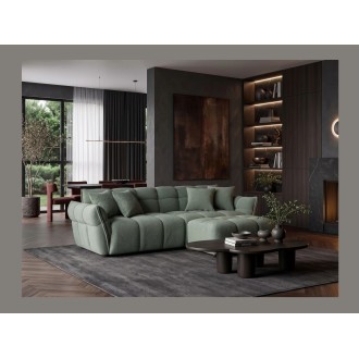 Pouf MOONI vert sauge vu avec le canapé de la même collection