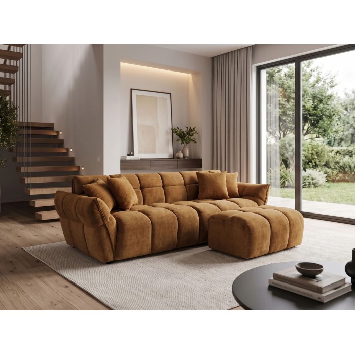 Pouf MOONI jaune moutarde vu avec le canapé de la même collection