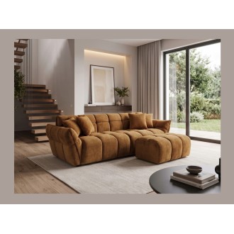 Pouf MOONI jaune moutarde vu avec le canapé de la même collection