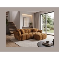 Pouf MOONI jaune moutarde vu avec le canapé de la même collection