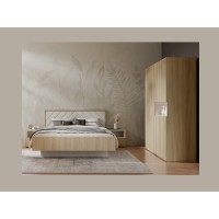 Bett KAORI 160x200 cm in hellem Eichenholz und Sandfarbe mit Stoffkopfteil ohne Lattenrost