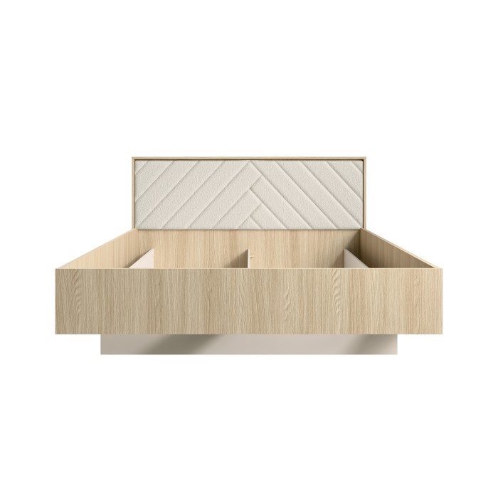Bett KAORI 160x200 cm in hellem Eichenholz und Sandfarbe mit Stoffkopfteil ohne Lattenrost
