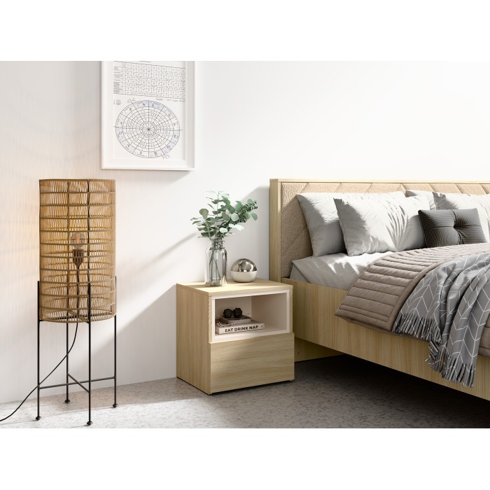 Bett KAORI 160x200 cm in hellem Eichenholz und Sandfarbe mit Stoffkopfteil ohne Lattenrost