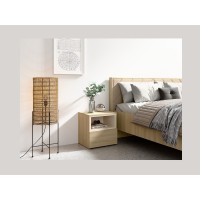 Bett KAORI 160x200 cm in hellem Eichenholz und Sandfarbe mit Stoffkopfteil ohne Lattenrost