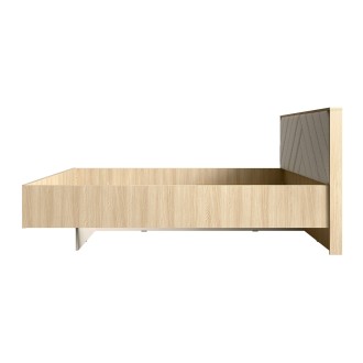 Bett KAORI 160x200 cm in hellem Eichenholz und Sandfarbe mit Stoffkopfteil ohne Lattenrost