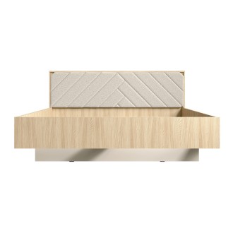 Bett KAORI 160x200 cm in hellem Eichenholz und Sandfarbe mit Stoffkopfteil ohne Lattenrost