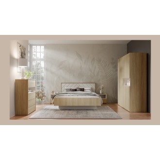 Bett KAORI 160x200 cm in hellem Eichenholz und Sandfarbe mit Stoffkopfteil ohne Lattenrost