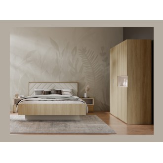 Bett KAORI 180x200 cm helles Eichenholz und Sand mit Stoffkopfteil ohne Lattenrost