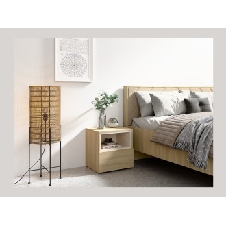 Bett KAORI 180x200 cm helles Eichenholz und Sand mit Stoffkopfteil ohne Lattenrost